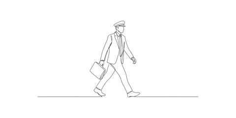 Continuous single line drawing of an airplane pilot walking with a briefcase in his hand © Line Art