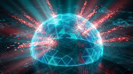 Fototapeta premium Glowing blue holographic dome shield protecting computer motherboard from red digital attacks representing advanced cybersecurity network defense and data protection concepts