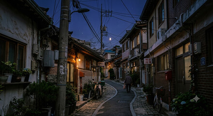 Fototapeta premium Quiet empty residential alleyway at dawn blue hour with soft mist on the wet pavement