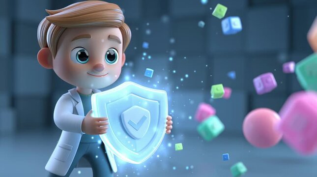 A cartoon cybersecurity expert holds a glowing shield as colorful data cubes bounce harmlessly off it in a seamless looping animation, symbolizing digital protection and security.