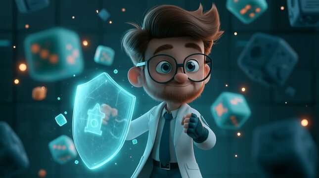 A cartoon cybersecurity expert holds a glowing shield as colorful data cubes bounce harmlessly off it in a seamless looping animation, symbolizing digital protection and security.