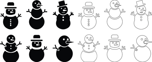 Naklejka premium snowman icon set, joyful demeanor. The snowman is ready for winter, various winter active holiday poses for greeting cards and decor. showcasing festive characters accessories like scarves, hats, sled