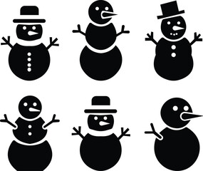 Naklejka premium snowman icon set, joyful demeanor. The snowman is ready for winter, various winter active holiday poses for greeting cards and decor. showcasing festive characters accessories like scarves, hats, sled