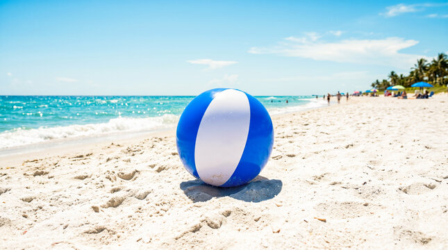 Bright blue and white plastic beach ball lying on warm sand near beautiful ocean water representing happy summer vacation relaxing tropical holidays