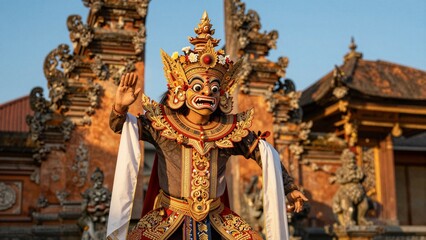 Fototapeta premium Traditional Balinese Barong dancer in elaborate gold and red mask performing at temple with soft focus background.