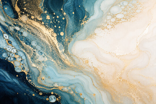 Blue Gold Marble Ink Abstract