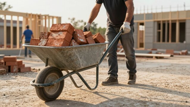 A construction worker pushes a wheelbarrow filled with red bricks at a building site, with wooden framing in the background. The scene is illuminated by bright sunlight.