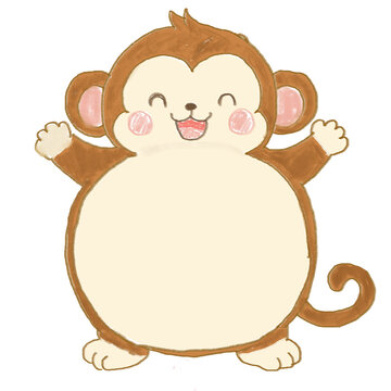 Cute cartoon monkey with open arms and empty space on belly, transparent background.