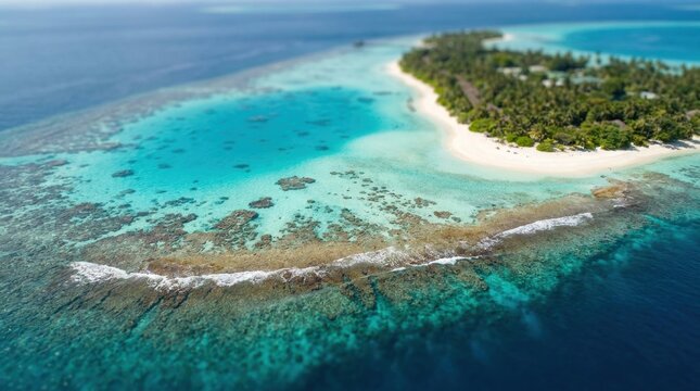 Turquoise Paradise: An aerial view showcases a breathtaking tropical island with crystal-clear turquoise waters, vibrant coral reefs, and a lush green coastline fringed by white sandy beaches.