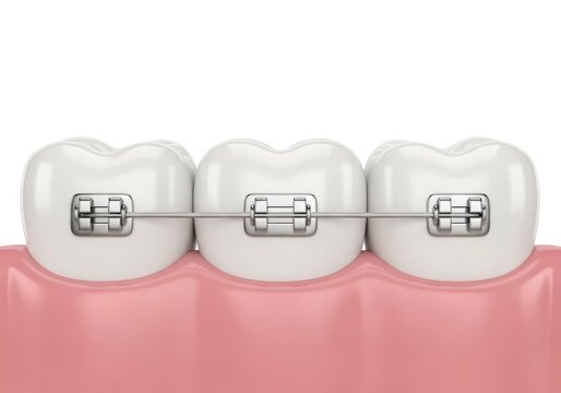 Close up of teeth with metal braces attached to the front of the teeth isolated on white background