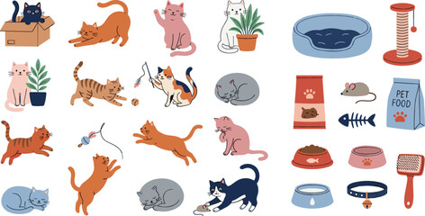 Fototapeta premium Cute Domestic Cats Character Pack with Pet Supply Icons Featuring Food Bowls Toys Bed and Scratching Post Vector Illustration Set