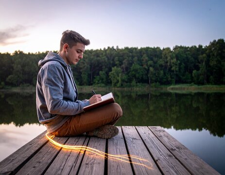 Young adult writing with a glowing pen in a journal by a lake at twilight for authoring destiny concepts.