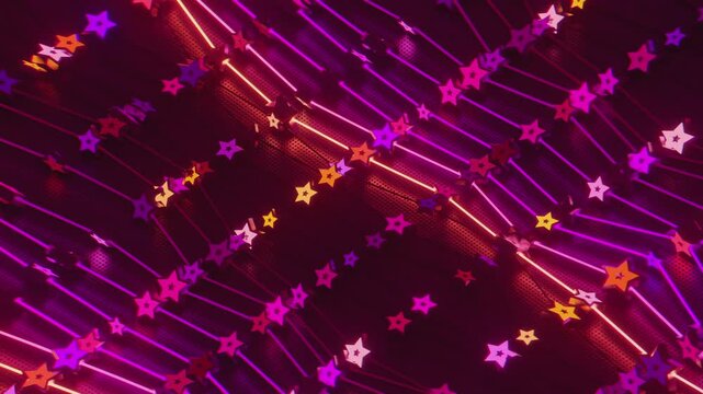 Futuristic abstract wall with glowing geometric stars. Seamless VJ loop of a rhythmic digital structure and pattern, creative motion background for electronic music festivals and stage displays.
