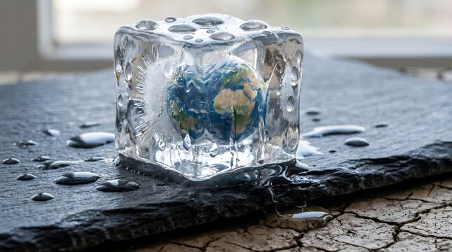Climate change and global warming crisis with earth globe frozen inside a melting ice cube on cracked dry land representing environmental preservation