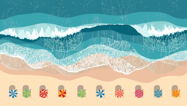 Aerial view of a sandy beach with colorful umbrellas and gentle waves lapping the shore, evoking a sense of summer relaxation and vacation.