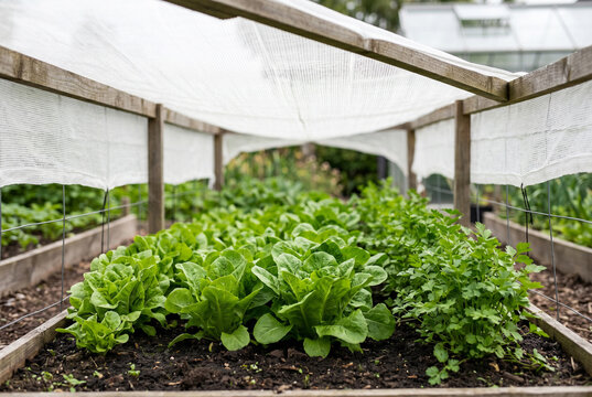 Raised vegetable garden bed with lettuce under protective mesh cover for organic gardening background and sustainable produce banner
