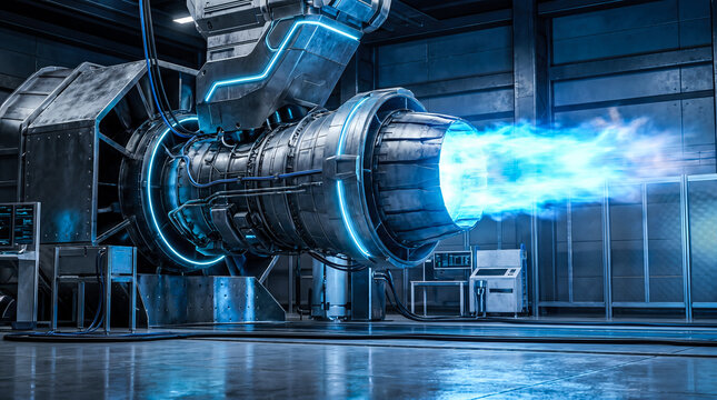 Massive futuristic metallic jet engine firing bright blue flame inside advanced modern technological testing facility aerospace engineering spaceship propulsion concept technology