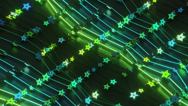 Futuristic abstract wall with glowing geometric stars. Seamless VJ loop of a rhythmic digital structure and pattern, creative motion background for electronic music festivals and stage displays.