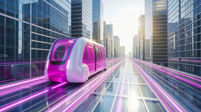 Futuristic white pink electric automated transport vehicle drives along glowing rail track between modern tall glass corporate skyscrapers under bright sunny city sky