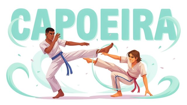 Capoeira martial arts performance illustration with two athletes doing dynamic kicks and dance movements, capoeira