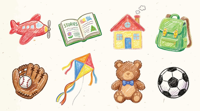Collection of children's toys and school items drawn in a crayon-like style.