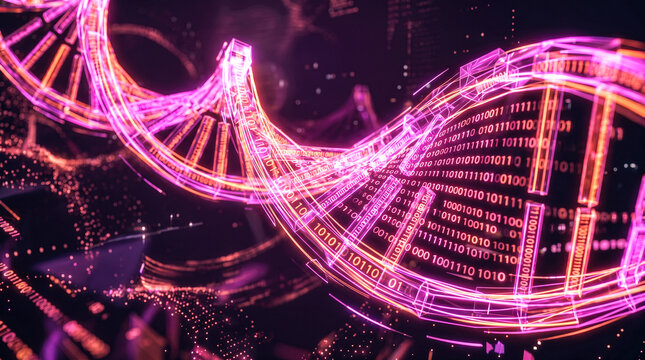 Glowing pink digital binary code forms futuristic abstract double helix structure advanced genetic engineering medical research biotechnology science health concept