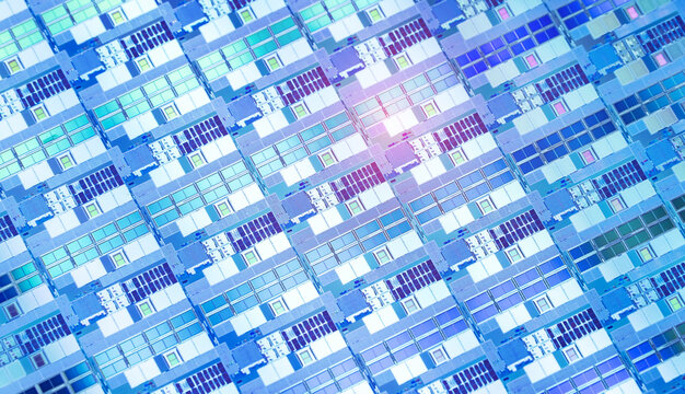 blue silicon wafer for manufacturing semiconductor of integrated circuit.Electronic circuit designs have been built onto the wafers using micromaching including photolithography