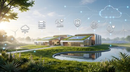 Naklejka premium Futuristic smart eco-house with solar panels and wind turbines