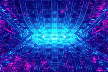 Fototapeta premium Abstract tunnel, vibrant blue, purple hues. Geometric lines converge toward bright center. Futuristic, digital aesthetic.