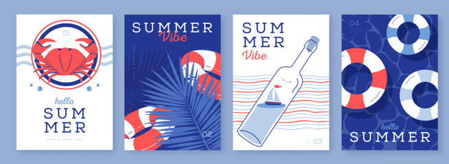 Set of summer striped sea vacation posters or covers. Flat design.  Mediterranean-themed summer vibe backgrounds. Vector illustration © annbozhko