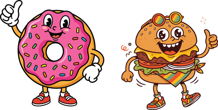 Happy cartoon donut and burger characters giving thumbs up