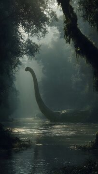 Prehistoric Diplodocus Dinosaur Wandering Through a Misty Ancient Tropical River Forest Scene