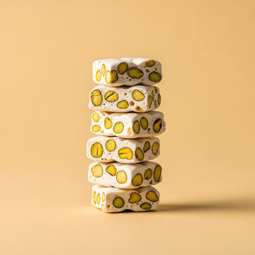 Pistachio torrone nougat stack on beige studio background
