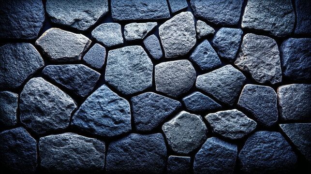 Detailed gray stone wall with interlocking jagged irregular rocks and dark weathered texture