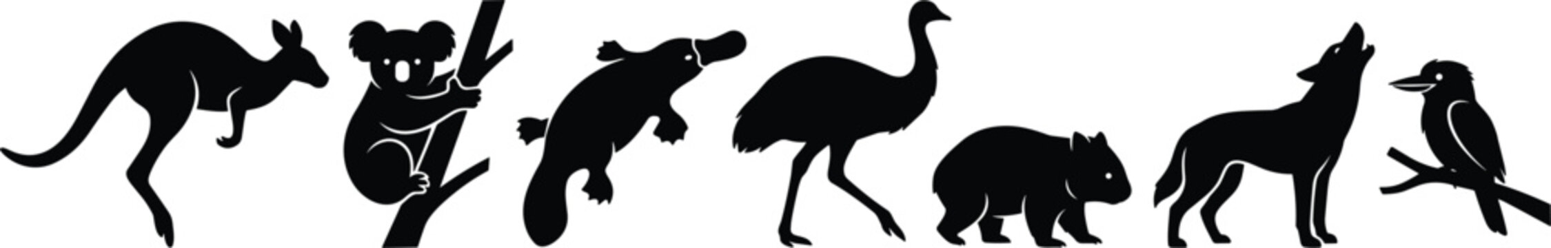 Australian Wildlife Animal Black Silhouette Icon Set Featuring Kangaroo, Koala, Platypus, Emu, Wombat, Dingo, and Kookaburra for Vector Graphic Designs