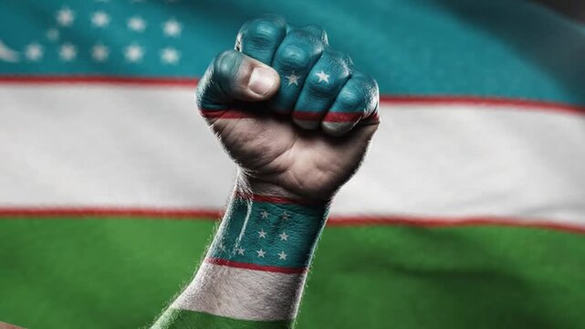 A clenched fist painted with the colors and stars of the uzbekistan flag, representing national pride, strength, and unity