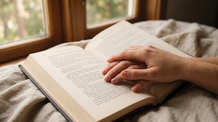 Naklejka premium Hands intertwined resting on the open pages of a paperback book