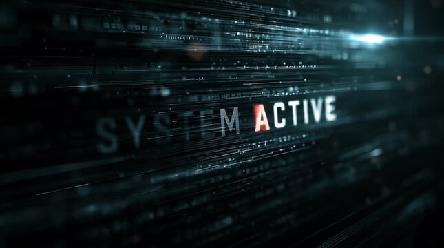 A futuristic interface with flowing holographic data streams and rotating digital particles, featuring giant glowing &ldquo;SYSTEM ACTIVE&rdquo; typography pulsing with vibrant light energy.