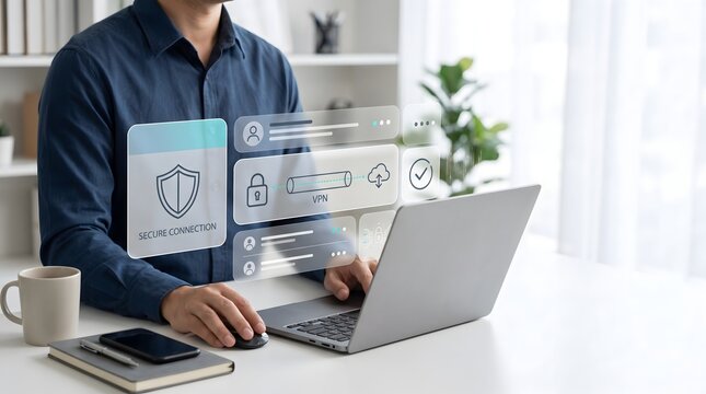 Man using laptop with secure connection and VPN interface