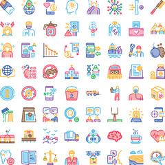 Naklejka premium Colorful line icon set illustrating global challenges and everyday solutions, technology, health, business, environment, society, transport, energy, data, education, commerce, and care