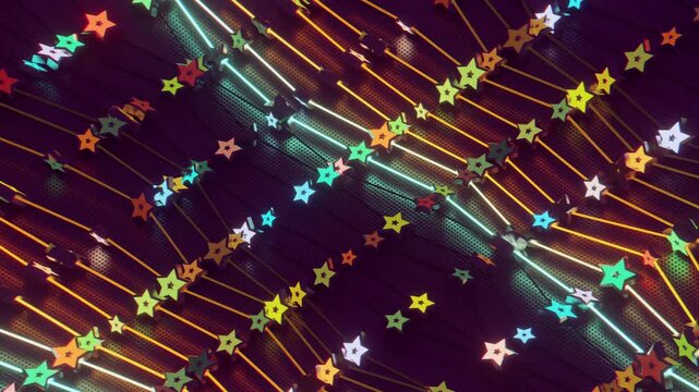 Futuristic abstract wall with glowing geometric stars. Seamless VJ loop of a rhythmic digital structure and pattern, creative motion background for electronic music festivals and stage displays.