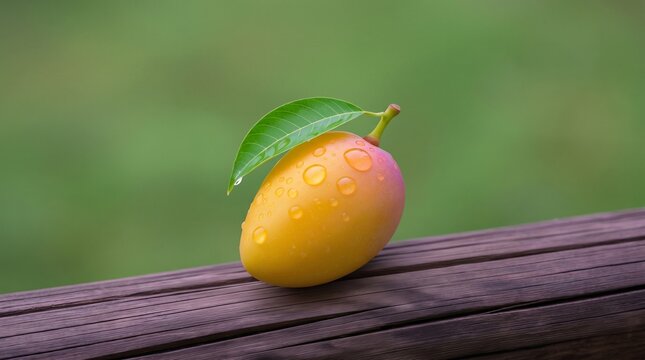Fresh ripe mango with water drops on wooden surface