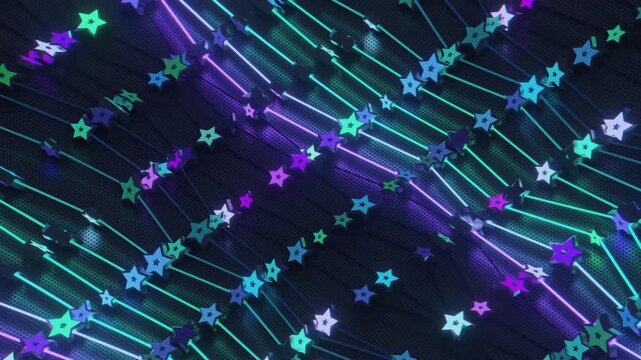 Futuristic abstract wall with glowing geometric stars. Seamless VJ loop of a rhythmic digital structure and pattern, creative motion background for electronic music festivals and stage displays.