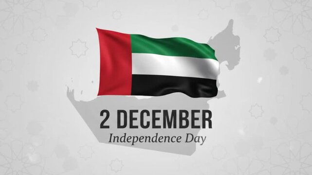 United arab emirates flag waving over a map of the country with the date 2 december, representing uae national day celebration