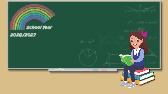 Colorful back to school animation featuring a classroom chalkboard with multilingual welcome messages, rainbow illustration, math formulas, and a student reading books, celebrating inclusive education