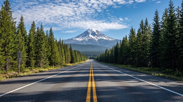 Scenic road leading to snow capped mountain