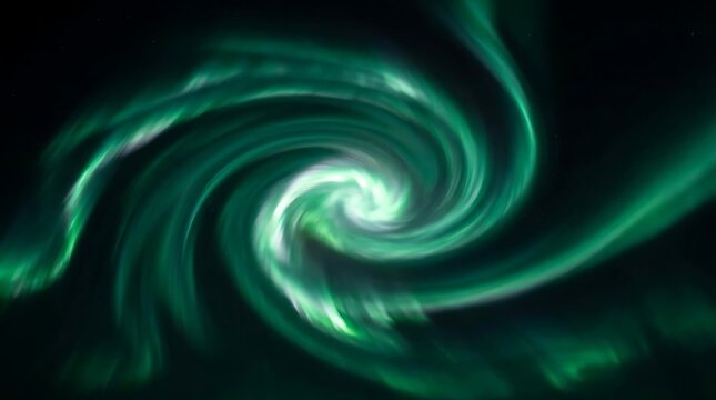 Vibrant emerald green northern lights swirling in a mesmerizing spiral formation against the deep dark velvet night sky captured with long exposure and high contrast aesthetic