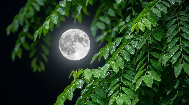 Full moon shining through wet green leaves at night