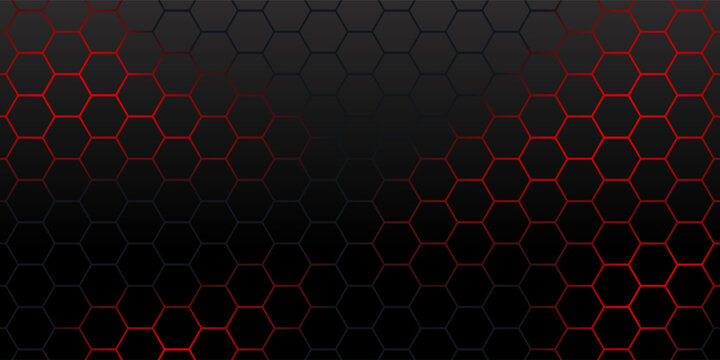 High-tech black carbon background with dynamic red neon hexagon grid patterns and 3D metallic facets. Modern geometric digital art banner illustration.