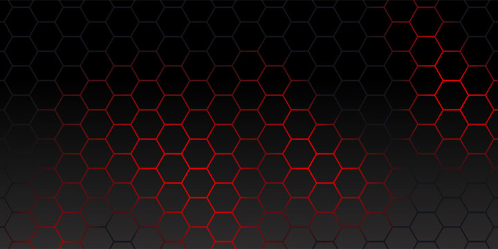 Modern 3D hexagon background with dark black carbon textures and vibrant red gradient highlights. Futuristic geometric digital art wallpaper template vector.